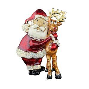 Santa‎ Claus Reindeer Enamel Christmas Brooch Pin Gold-Tone Glitter Accents
